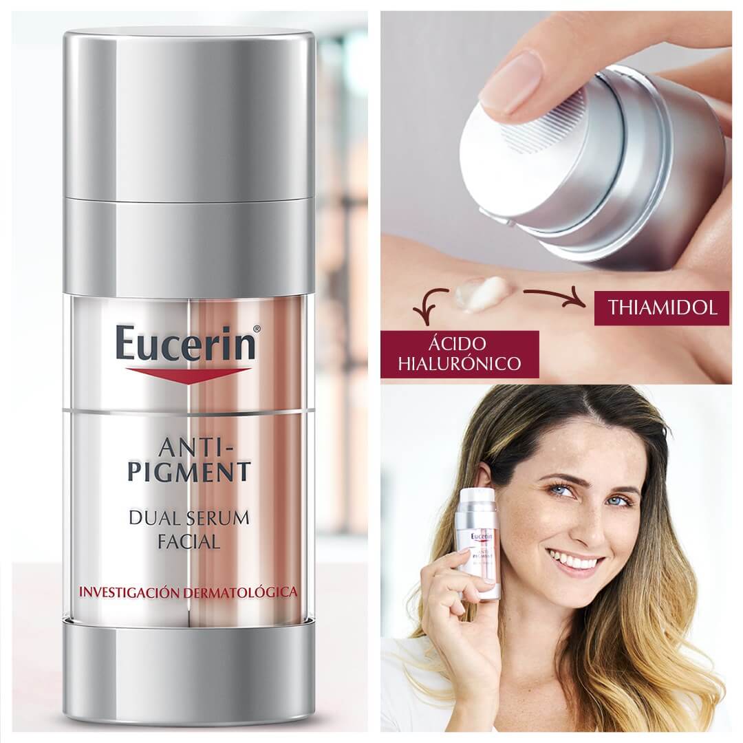 Eucerin Anti Pigment Serum Dual Serum 30 ml นวัตกรรมซีรั่มไวท์เทนนิ่ง ลดฝ้าแดดหนาลึก และจุดด่างดำฝังลึก สะสมแก้ไขยาก เฉพาะจุดได้ดีกว่า 20 เท่า.  ผสาน 2 พลังซีรั่มเข้มข้นไว้ในบรรจุภัณฑ์รูปแบบใหม่ที่เก็บซีรั่มแยกกัน เพื่อคงความสดใหม่ ให้ประสิทธิภาพสูงสุดทุกครั้งที่ใช้  Thiamidol  เข้มข้นในหลอดสีชมพูทอง ลดเลือนปัญหาฝ้าแดดหนาลึก และจุดด่างดำที่ต้นตอได้ดีกว่า 10 เท่า โดยไม่ทำให้ผิวไวต่อการเกิดจุดด่างดำ และช่วยลดการกลับมาเป็นซ้ำอีก  Pure Hyaluron เข้มข้นในหลอดสีขาว ช่วยฟื้นบำรุงเต็มความอิ่มฟูทุกมิติ เผยผิวดูขาวใส เปล่งประกายใน 2 สัปดาห์