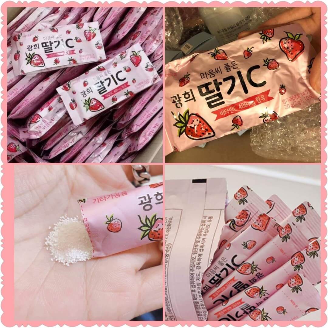 Kwanghee Strawberry Vitamin C Powder Stick  วิตามินซียอดฮิตตัวใหม่จากเกาหลี เป็นแบบผงทานง่ายฉีกซองเทใส่ปากทานได้เลย สะดวกและอร่อยสุดๆ ไม่อ้วน ไม่มีน้ำตาล   เหมาะสำหรับสาวที่เร่งรีบ ไม่ค่อยมีเวลาทานง่าย มีรสชาติอร่อยเปรี้ยวๆ หวานๆ พร้อมคุณประโยชน์จากวิตามิน C 400 mg 