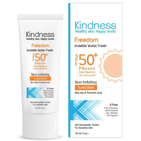 Kindness Freedom Invisible Water Fresh SPF50+ PA++++ 30ml กันแดดสูตรเบาสบายดุจน้ำ เหมาะสำหรับผิวบอบบางแพ้ง่าย และเป็นสิว เนื้อซึมไว ไม่วอก ไม่เป็นคราบ ไม่อุดตัน