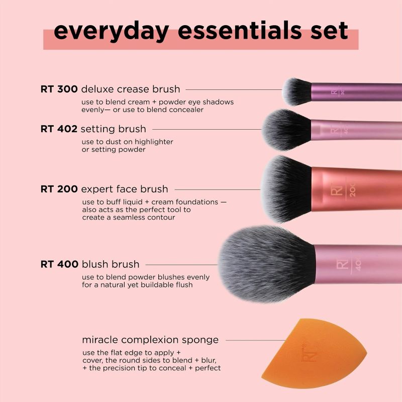 Real Techniques Everyday Essentials Makeup Brush Set 5 Items , แปรง Real Techniques, ฟองน้ำ Real Techniques , แปรงแต่งหน้า , เซทแปรงแต่งหน้า 